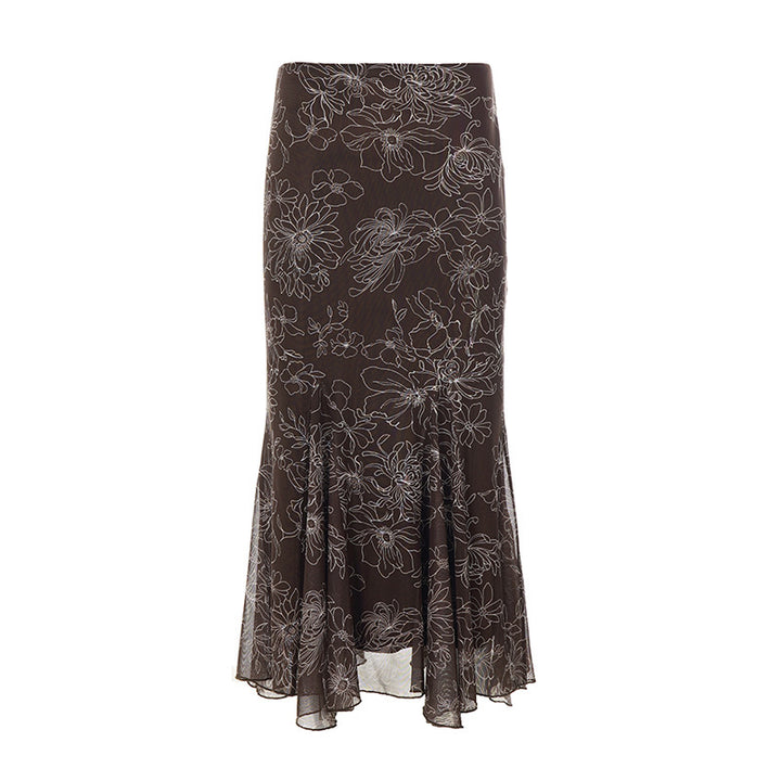 Damen Midirock mit ausgestelltem Volant-Saum und floralem Konturprint Echo Archiv