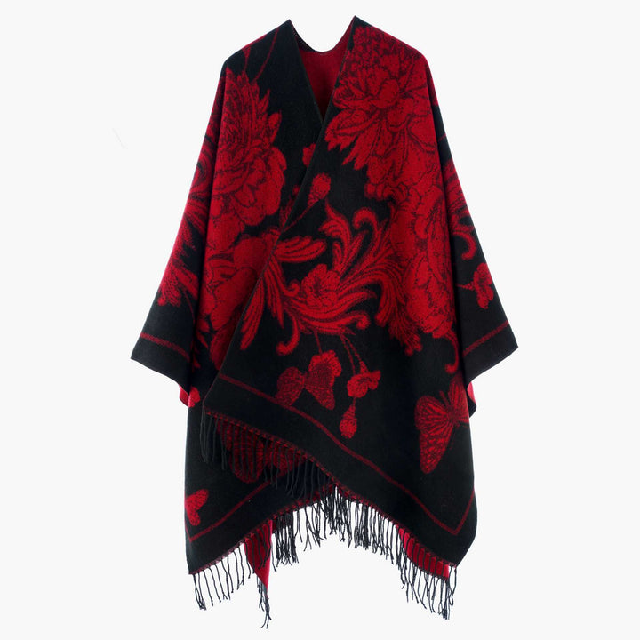 Damen Wendbarer Strickcape-Poncho mit Fransen und kontrastierenden Streifen – Avérine