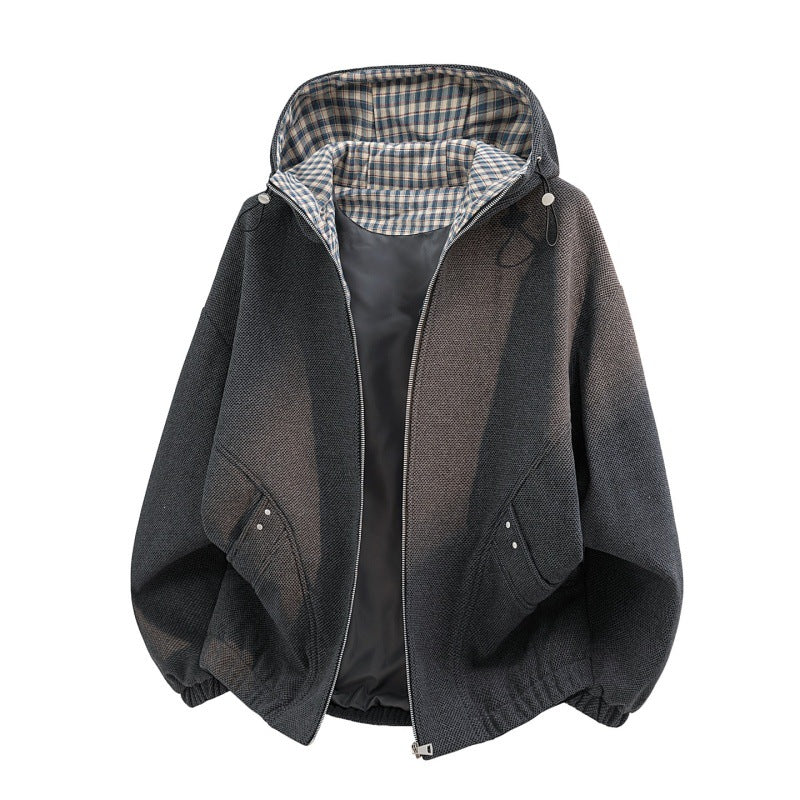 Damen Oversized Fleecejacke mit Kapuze und karierter Innenverkleidung – Célinea