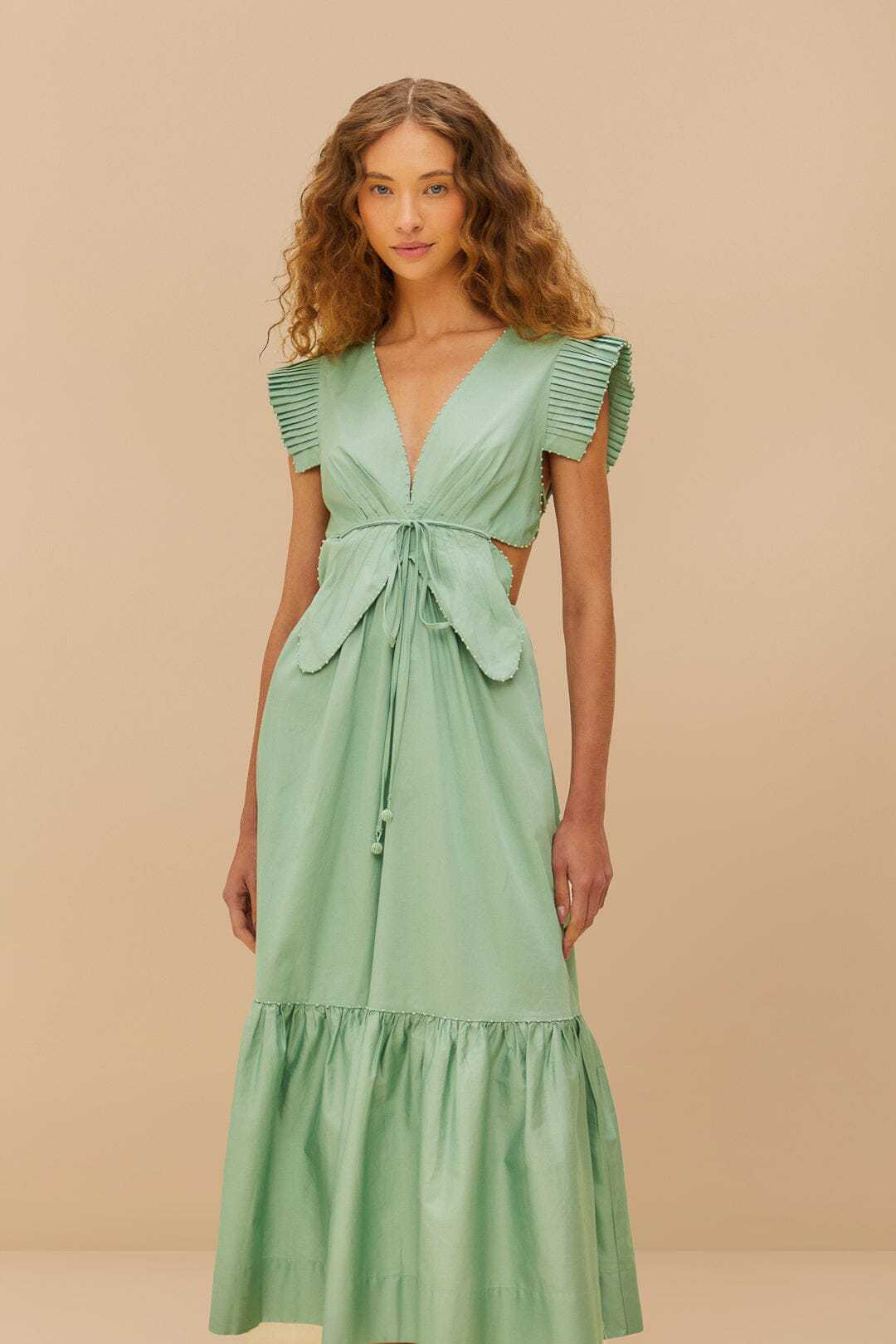 Damen Maxikleid mit hoch geschnittenen Rüschenärmeln und verstellbarem Taillenbund Echo Archiv
