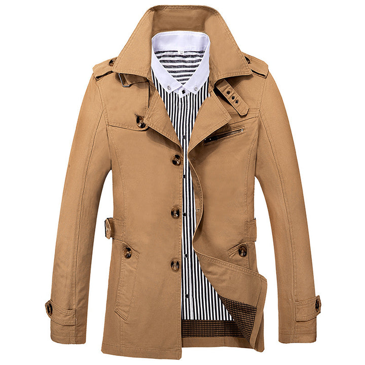 Herren Kurzmantel im Trench‑Stil mit Schulterpatten, Taillenriegel und gestreiftem Innenfutter Echoarchiv