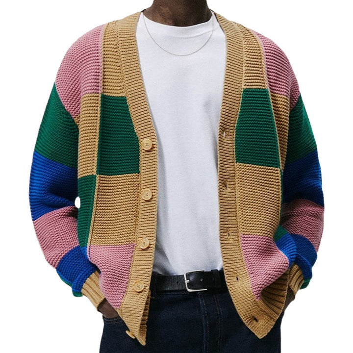 Herren Strickjacke mit buntem Blockmuster und bequemen Knöpfen Echoarchiv