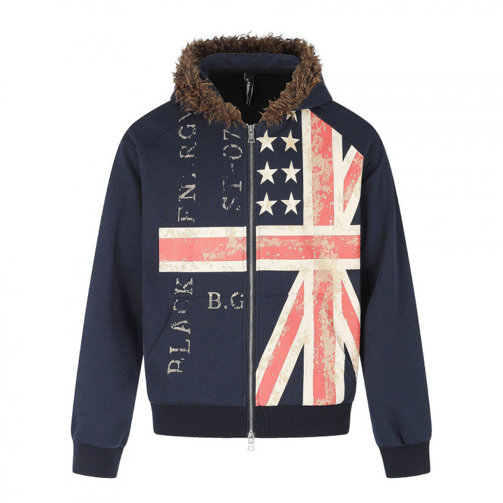 Herren Kapuzenjacke mit Vintage‑Flaggenprint, Kunstfellkapuze und Zweiwege‑Reißverschluss Echo Archiv