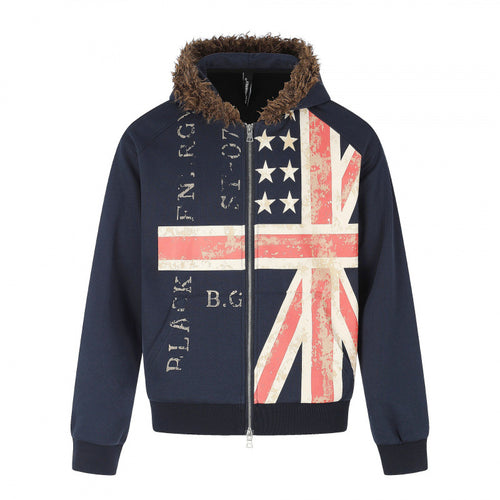 Herren Kapuzenjacke mit Vintage‑Flaggenprint, Kunstfellkapuze und Zweiwege‑Reißverschluss Echo Archiv