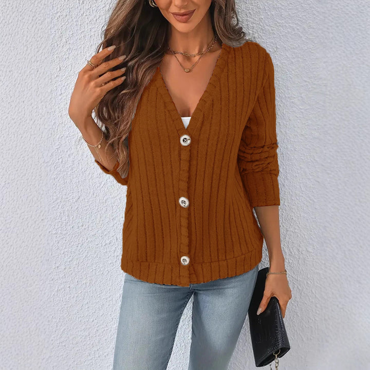 Damen nan gerippter V-Ausschnitt Strickcardigan mit dekorativen Knöpfen, leicht überschnittener Schulter und kastigem Saum Echo Archiv