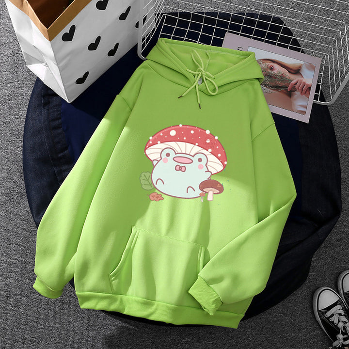 Damen weicher Oversize-Kapuzenpullover mit kawaii Pilzfrosch-Print, Kängurutasche und gerippten Bündchen – Auréline