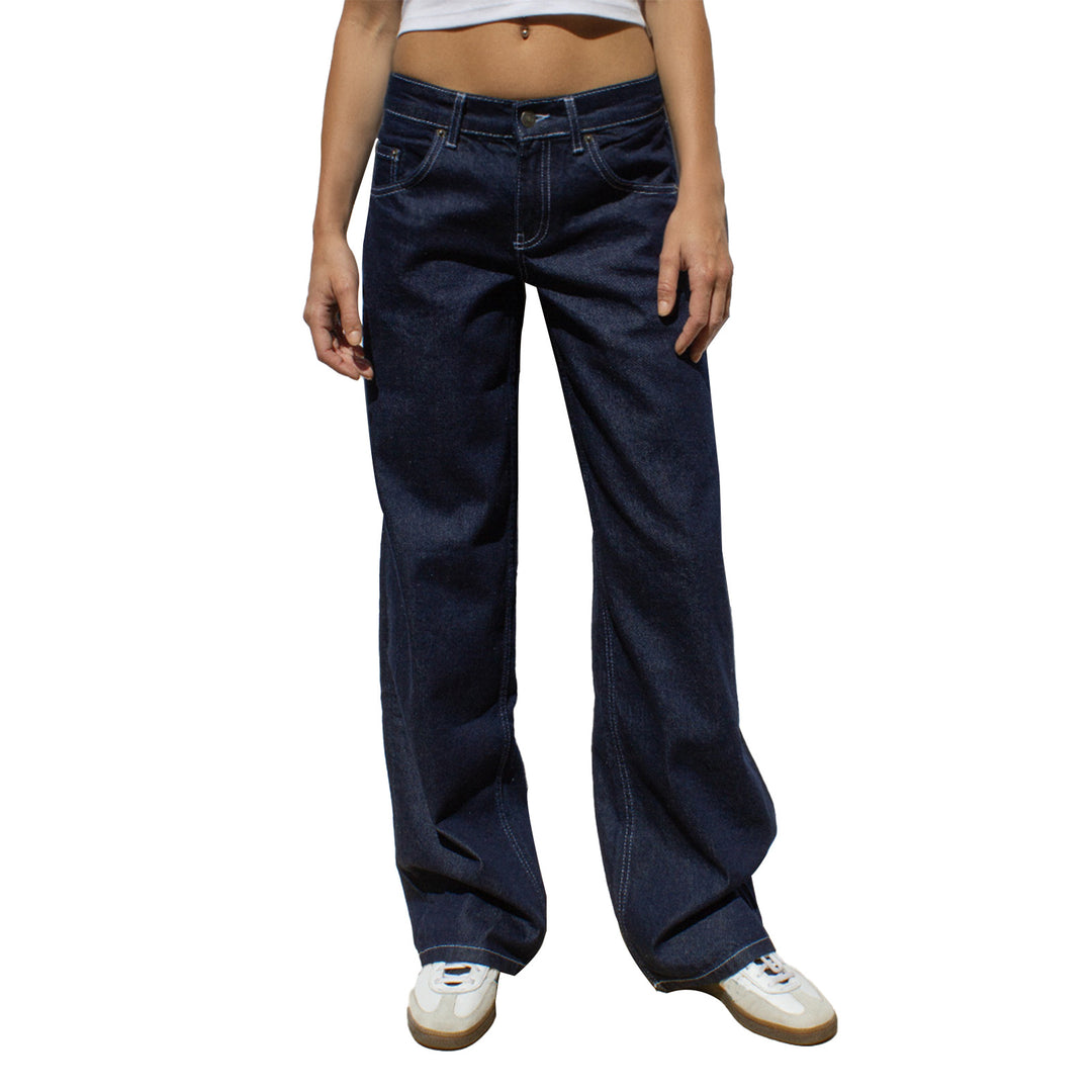 Damen nan weites Denim Hosenmodell mit tiefem Bund und weitem Schlag Echo Archiv