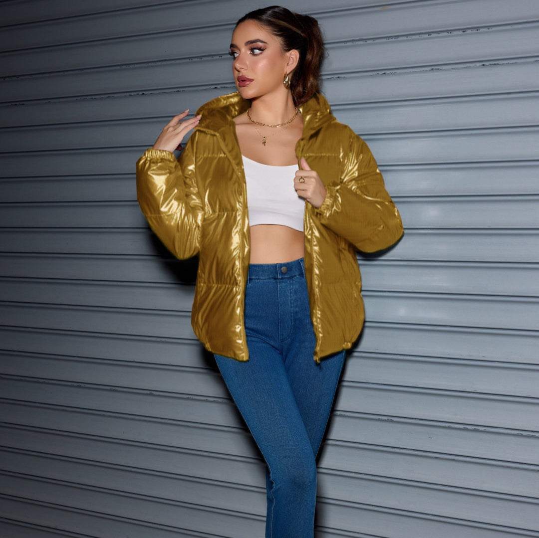Damen Glänzende Oversize-Steppjacke mit Kapuze & elastischen Bündchen Echoarchiv