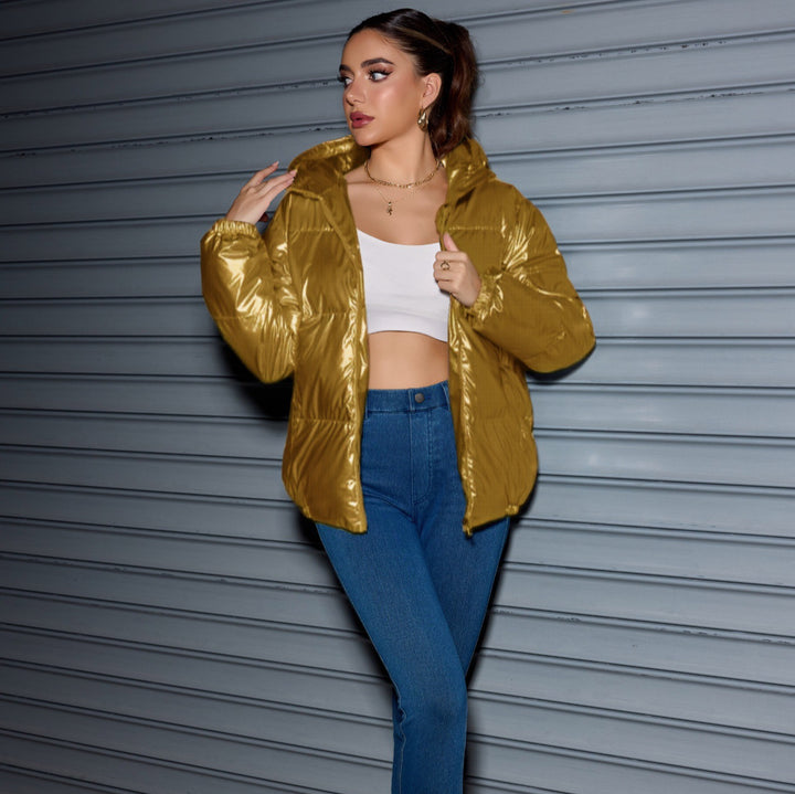 Damen Glänzende Oversize-Steppjacke mit Kapuze & elastischen Bündchen Echoarchiv