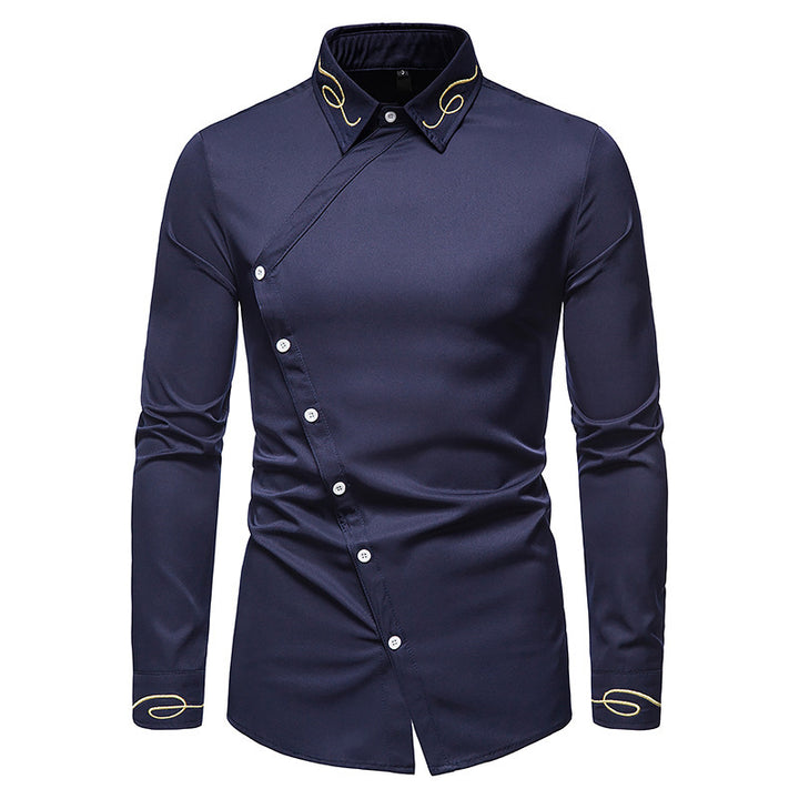 Herren Elegantes Langarmhemd mit asymmetrischem Knopfdesign und gesticktem Kragen Echoarchiv