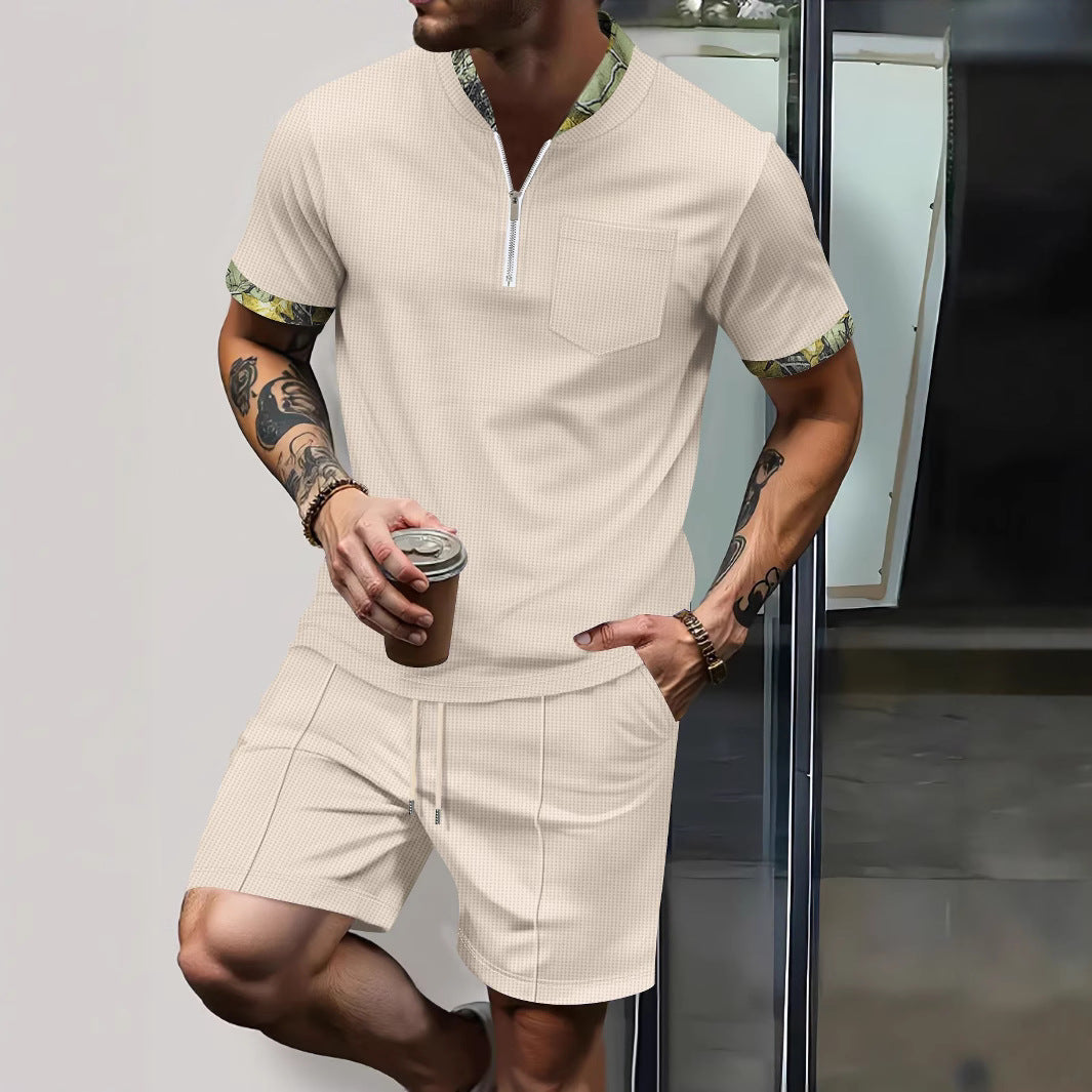 Herren modisches Kurzarm-Set mit stylischem Reißverschluss und kontrastierenden Ärmeln Echoarchiv