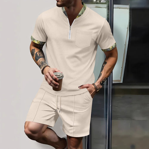 Herren modisches Kurzarm-Set mit stylischem Reißverschluss und kontrastierenden Ärmeln Echoarchiv