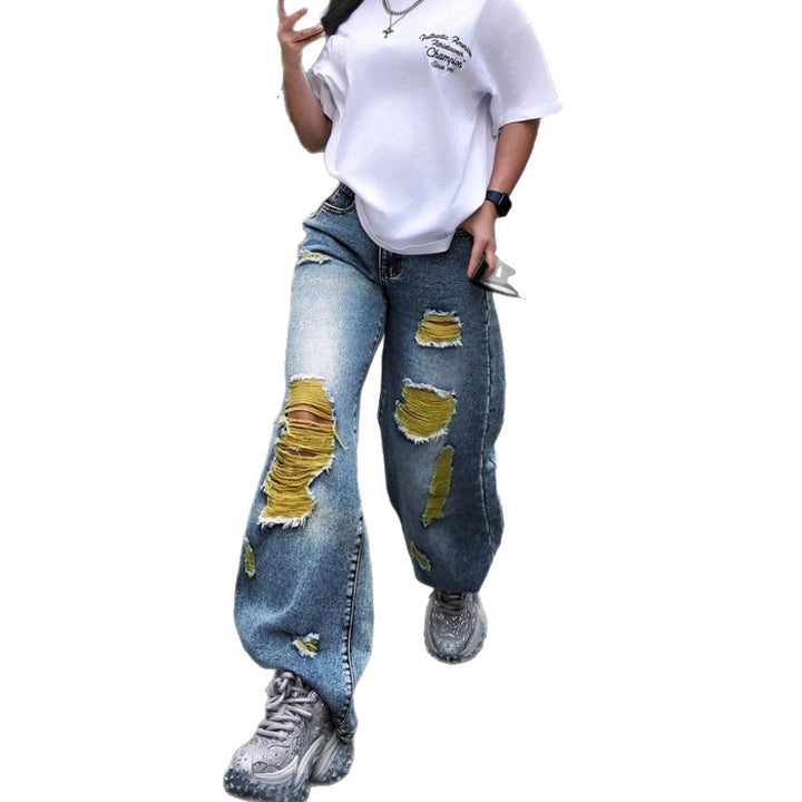 Damen weite High-Waist Jeanshose mit Destroyed-Details und kontrastierendem Unterfutter Echo Archiv
