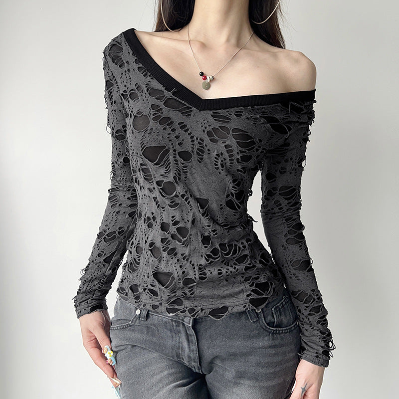 Damen nan transparentes Distressed-Spitzenshirt mit V-Ausschnitt, langärmeligem Layer-Look und innenliegendem Cami Echo Archiv