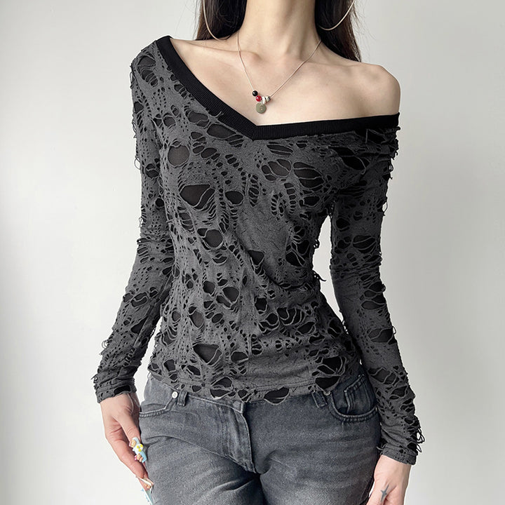 Damen nan transparentes Distressed-Spitzenshirt mit V-Ausschnitt, langärmeligem Layer-Look und innenliegendem Cami Echo Archiv