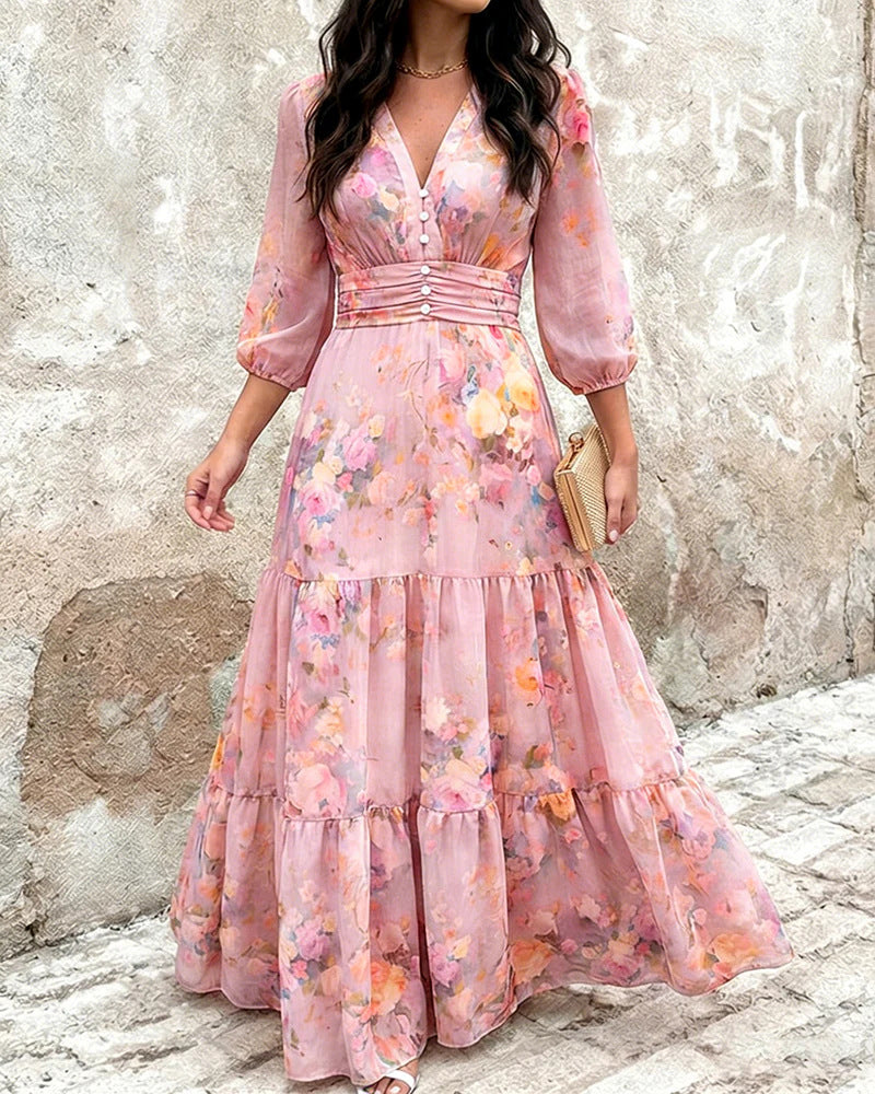 Damen Maxikleid mit Wickeloptik, V-Ausschnitt und geraffter Taillenpartie – Valéora