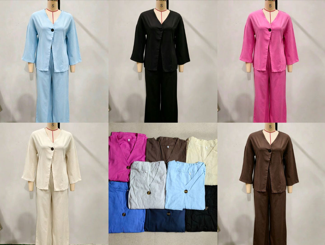 Damen nan entspanntes Zweiteiler-Leinenensemble mit kimonoartiger Oversize-Jacke und weiter Palazzohose Echo Archiv