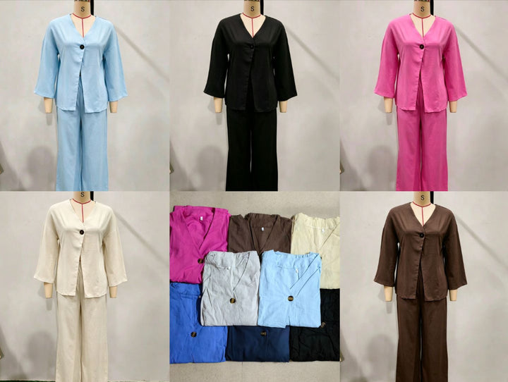 Damen nan entspanntes Zweiteiler-Leinenensemble mit kimonoartiger Oversize-Jacke und weiter Palazzohose Echo Archiv