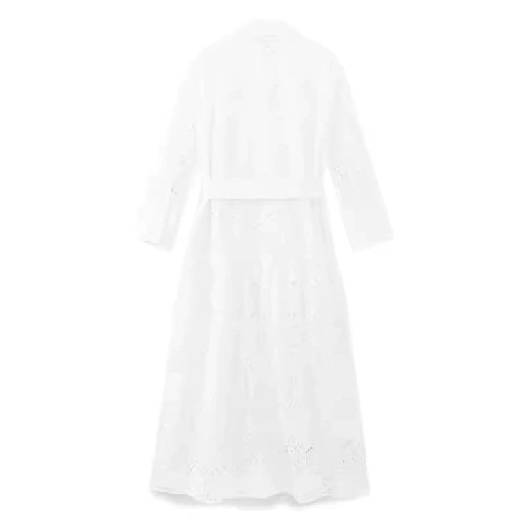 Damen langes Hemdkleid mit Lochstickerei, Hemdkragen und Bindegürtel – Valéora
