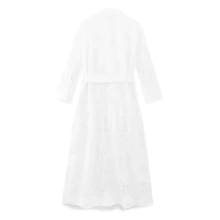 Damen langes Hemdkleid mit Lochstickerei, Hemdkragen und Bindegürtel – Valéora