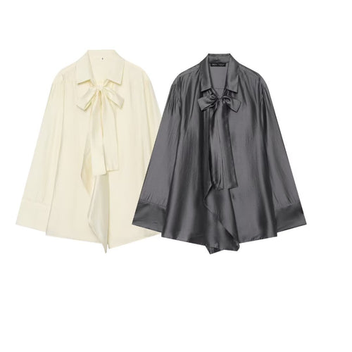 Damen Oversize-Seidenoptik-Bluse mit Schleifenkragen und asymmetrischem Saum Echoarchiv