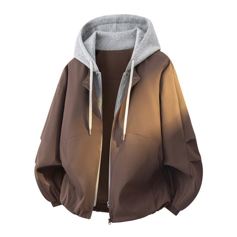 Herren Oversize Lagenlook Bomberjacke mit abgesetzter Kapuzen-Innenjacke und elastischem Saum Echoarchiv