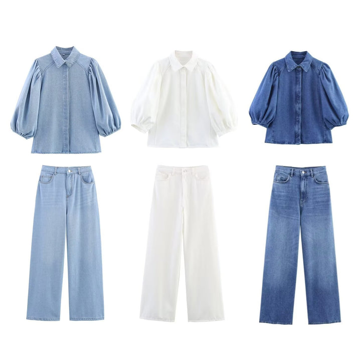 Damen luftige und strukturierte Bluse mit Balloonärmeln und weiten Jeans Echo Archiv