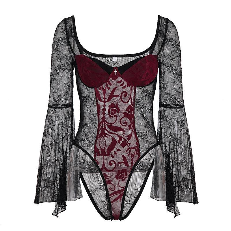 Damen Spitzen-Bodysuit mit voluminösen Ärmeln und eleganten Verzierungen Echo Archiv