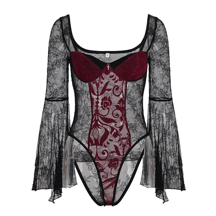 Damen Spitzen-Bodysuit mit voluminösen Ärmeln und eleganten Verzierungen Echo Archiv