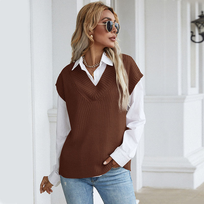 Damen Grobgestrickte Oversize-Weste mit tiefem V‑Ausschnitt und Rippsaum Echoarchiv