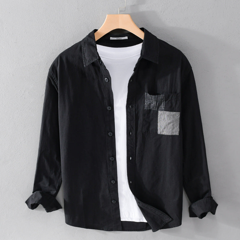 Herren Leichtes Baumwoll-Oversizehemd mit geometrischer Brustpatch-Tasche Echoarchiv