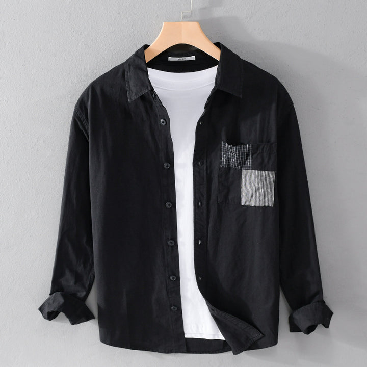Herren Leichtes Baumwoll-Oversizehemd mit geometrischer Brustpatch-Tasche Echoarchiv