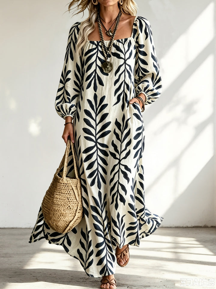 Damen Maxikleid mit quadratischem Ausschnitt, Ballonärmeln und botanischem Print Echoarchiv