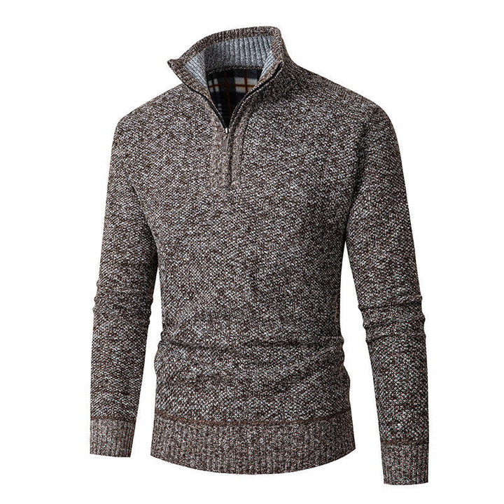 Herren nan grobgestrickter Halfzip-Pullover mit Stehkragen und karierter Krageninnenseite Echo Archiv