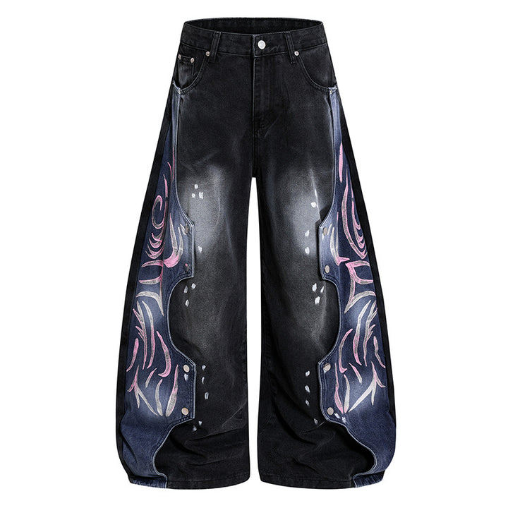 Damen High‑Waist weite Balloon‑Denim‑Culotte mit kontrastseitigen Artwork‑Paneelen Echoarchiv