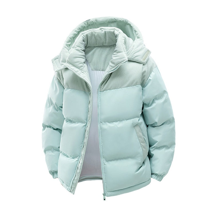 Damen Thermo-Puffer-Kurzjacke mit Cord‑Schulter und Kapuzenkragen Echoarchiv