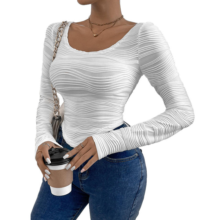 Damen Enganliegendes Struktur-Langarmshirt mit Wellenstruktur und U-Ausschnitt – Avérine