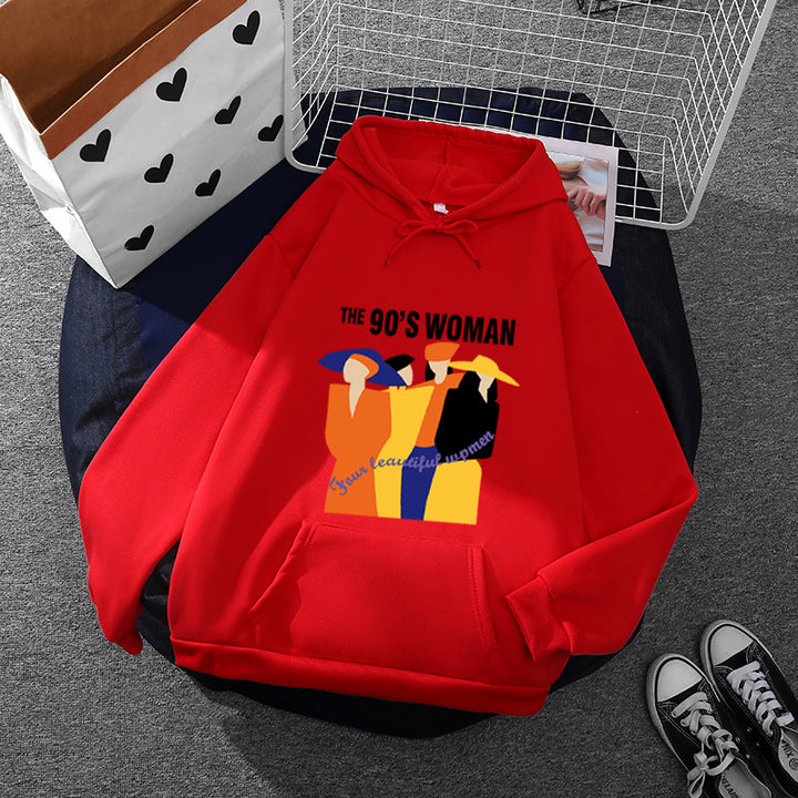 Damen weit geschnittener Kapuzenpullover mit Neunzigerjahre-Illustrationsprint, angerautem Fleece und Kängurutasche – Auréline