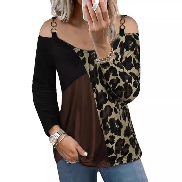 Frauen Off-Shoulder Patchwork Langarm mit Leopardenmuster und Ringdetail-TrägerEchoarchiv