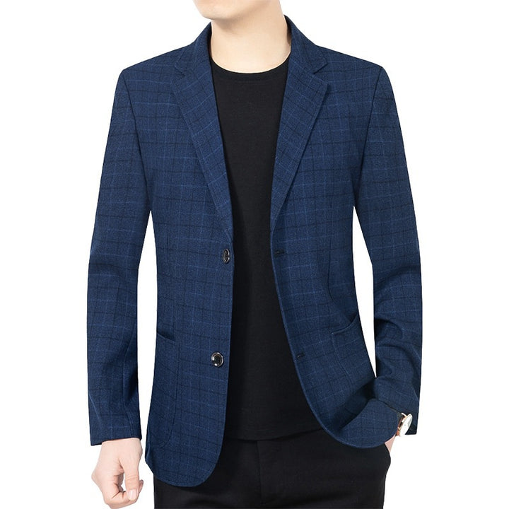 Herren Karierter halbstrukturierter Casual-Blazer aus Wollmix mit aufgesetzten Taschen – Tianoro