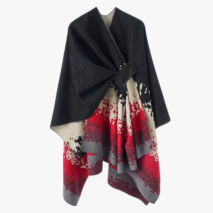 Damen Reversibler Wollmix-Capeponcho mit Bindegürtel und abstraktem Farbverlauf – Montévia