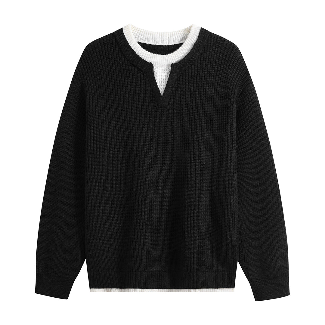 Herren Oversize-Strukturstrick-Pullover mit V‑Einsatz am Rundhals Echoarchiv