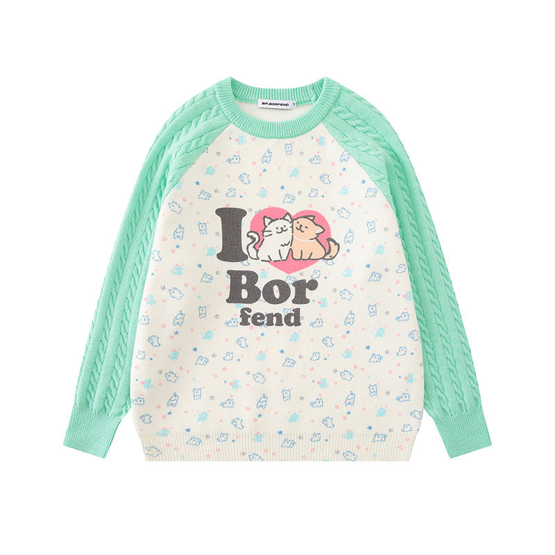 Damen Strickpullover mit Raglanärmeln, Zopfmuster-Ärmeln und Cartoon-Katzenfrontprint Echoarchiv