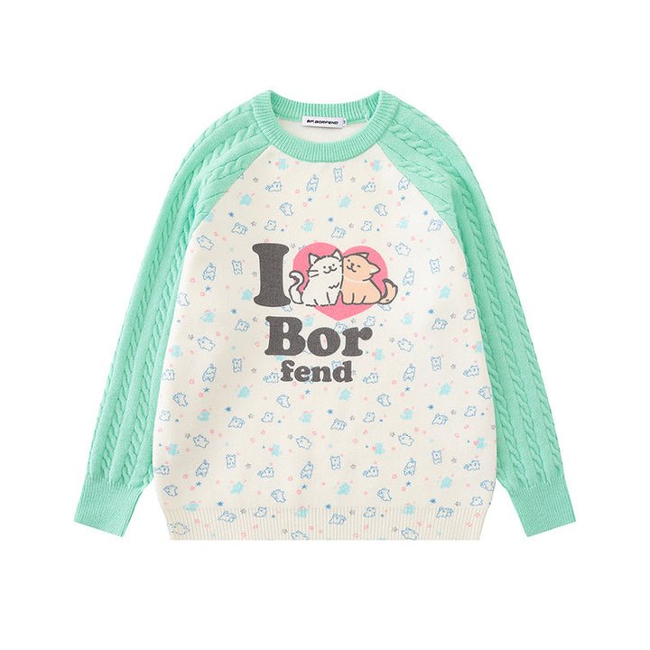Damen Strickpullover mit Raglanärmeln, Zopfmuster-Ärmeln und Cartoon-Katzenfrontprint Echoarchiv