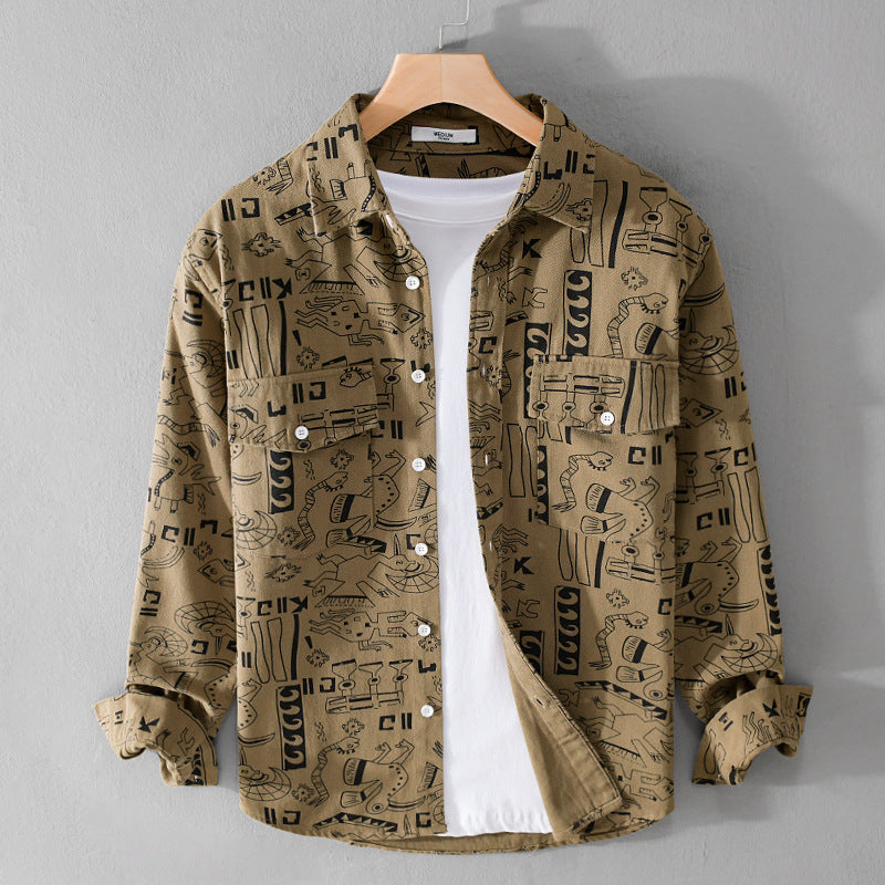 Herren Leichtes Baumwoll-Overshirt mit künstlerischem Linien-Print und doppelter Brusttasche Echoarchiv
