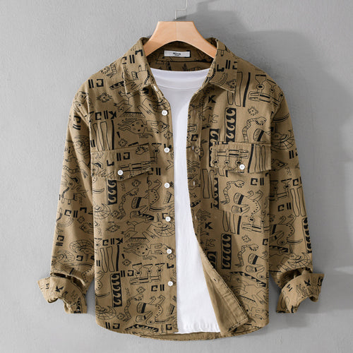 Herren Leichtes Baumwoll-Overshirt mit künstlerischem Linien-Print und doppelter Brusttasche Echoarchiv