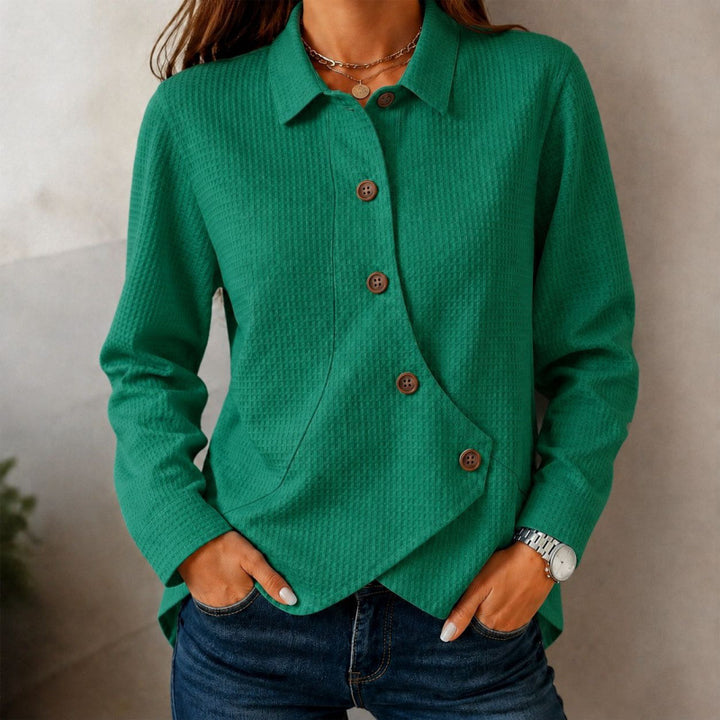 Damen strukturierte Waffel-Hemdjacke mit asymmetrischer Knopfleiste und Eingrifftasche – Célinea
