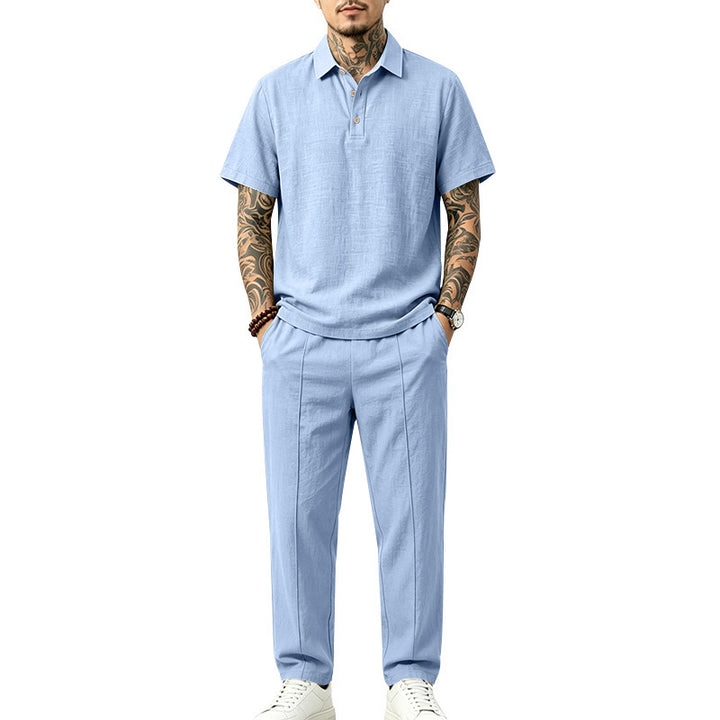 Herren Leichtes Leinenoptik-Loungewear-Set mit Polokragen und Bundfalten Echoarchiv