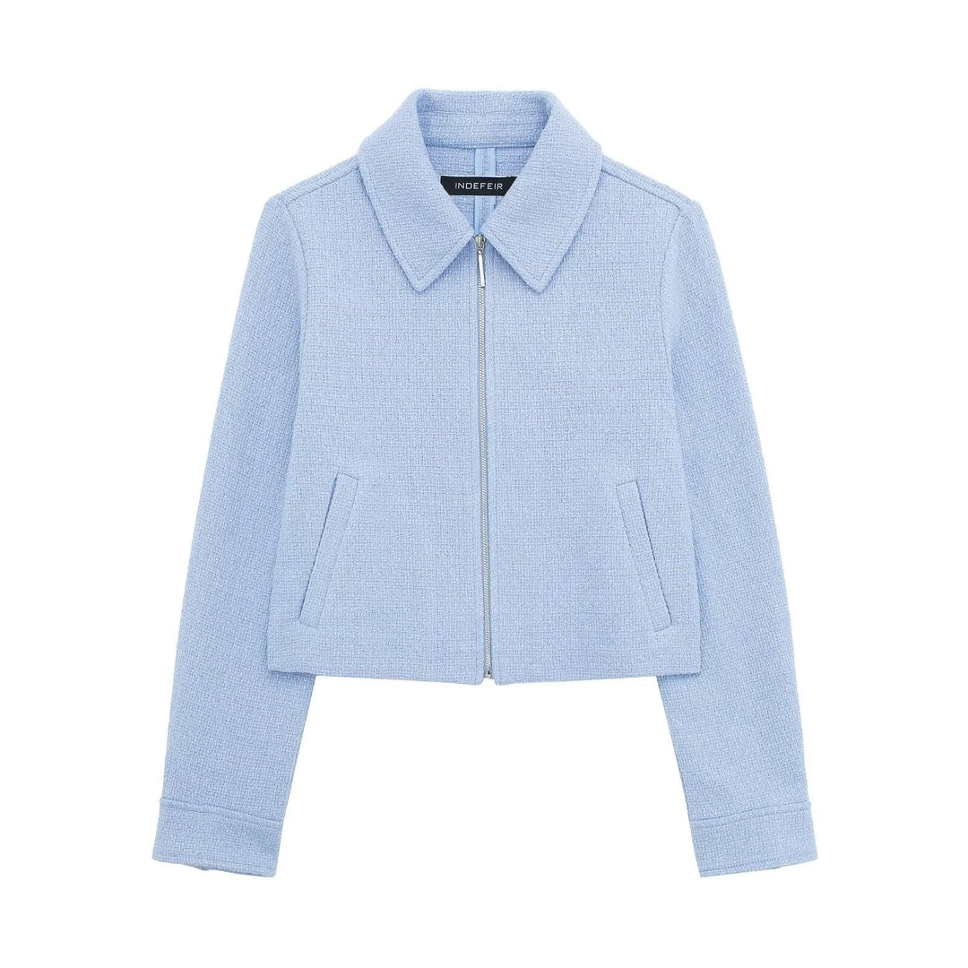 Damen strukturierte Kurzjacke im Bouclé-Look mit Reißverschluss und Hemdkragen – Célinea