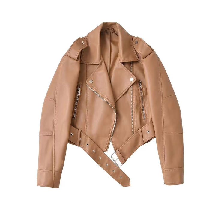 Damen taillierte Kunstleder-Bikerjacke mit Gürtel Echo Archiv